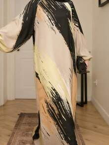 Artistic Brushstroke Print Abaya, Women Long Sleeve Robe Vacation Spring - Yellow - View 2