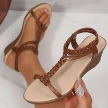 Comfortable Bohemian Sandals For Women Dressy Braided Strappy Open Toe Wedges Summer Elastic Ankle Strap Walking Beach Shoes Platform - màu nâu - Xem 3