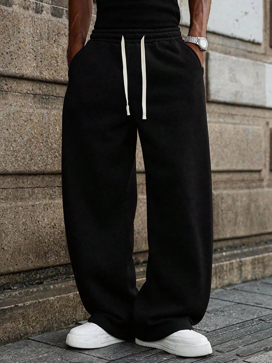 Spring And Autumn New Men's Long Pants - Solid Color, Glossy Surface, Casual And Sporty, Regular Size, Elastic Waist With Drawstring, Pockets, Suitable For Outdoor Camping, Vacation And Travel, Men's Straight-Leg Pants.Gifts For Boyfriend, Easter Gifts(If You Want A Looser, Longer Style, Choose One Size Up.) - 黑色 - 查看 1