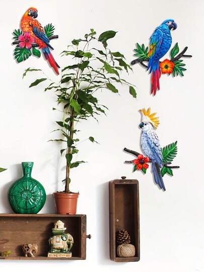 2D Flat 1pc Parrot Tropical Wall Art Decoration, Metal Bird Wall Decoration, Outdoor Ornament, Suitable For Patio Walls, Fences, Gardens, Homes, Kitchens, Balconies, Tropical Bird Macaw Wall Sculpture, Hanging Indoors And Outdoors.