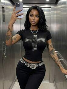 Women's Punk High Stretch Retro Cross Sequin Round Neck T-Shirt Tee For Street Concert Summer Spring, Concert Rave, Tops, Shirts, Vacation, Summer, Spring Break, Spring Casual Black - Black - View 4