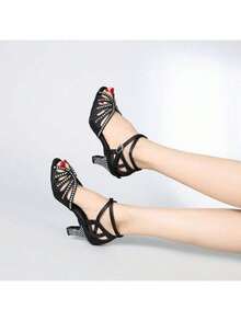 1 Pair Black Rhinestone Embellished Comfortable Mid-Heel Latin Dance Shoes - Black - View 10