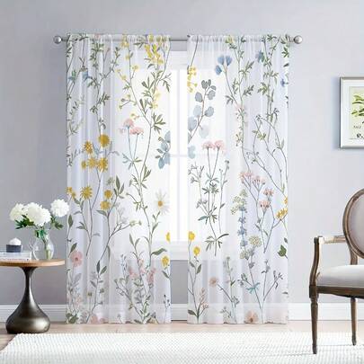 2pcs Watercolor Wildflower Tulle Curtains Featuring Yellow Daisies, Pink Flowers, Blue Eucalyptus, And Green Leaves. These Semi-Transparent Rod-Bag Curtains Offer A Fresh, Botanical Style Suitable For Living Rooms, Bedrooms, And Kitchens.