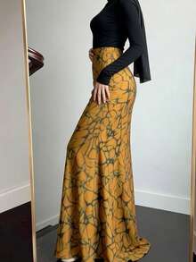 SuofeiMan Bộ váy đuôi cá in họa tiết thanh lịch dành cho nữ, gồm áo tay dài và chân váy dài, thích hợp cho kỳ nghỉ. - Màu vàng - Xem 3
