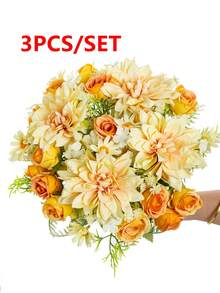 1支/3支仿真花，丝绸玫瑰、雏菊、蒲公英花束，适用于婚礼、家居、派对装饰、桌面摆件 - 黃色 - 查看 8
