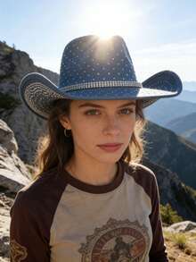 1 buc. Pălărie de jazz Western Cowboy pentru femei, din piele întoarsă, cu strasuri, încrustații metalice, stil boem, potrivită pentru festivaluri de muzică, evenimente tematice Western Cowboy, petreceri vintage, cosplay, petreceri la costume, zile de naștere, spectacole pe scenă, toate anotimpurile, cu bandă decorativă detașabilă - pălărie de sus - Vizualizare 2