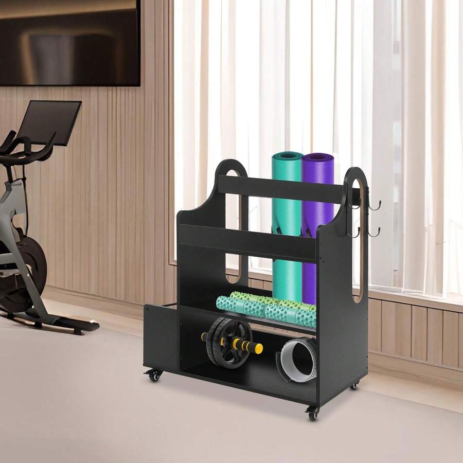 LYNICESHOP Rolling Gym Equipment Storage Rack Modern Yoga Mat Holder Multi-Functional Workout Equipment Organizer With Lockable Wheels And Hooks For Home Gym Exercise, Black Holiday Gift (US Stock) Faster Delivery - Default - View 1