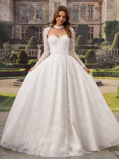 HEARBOBO Vintage Rivet Baroque White Lace A-Line Wedding Dress