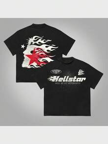 Hellstars God Is My Strength Flame Silhouette Vintage T-Shirt Double Sided Printed (220g 100% Cotton T-Shirt), Summer Clothes, Women's Tops, Casual And Comfortable, Fashionable Graphic Tee, Unisex Style - Black - View 1