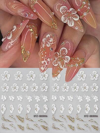 2pcs Shiny Golden Line Floral Petal Nail Stickers, 5D Embossed Blooming White Hibiscus Flower Nail Art Decals DIY Spring Summer Wedding Nail Supplies Relief Charms Decoration