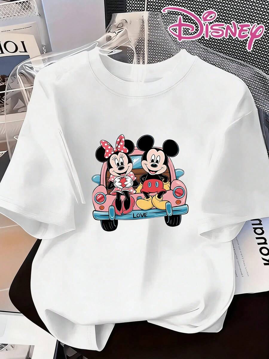 Disney Women's Casual Mickey & Minnie Mouse Cartoon Print Cotton T-Shirt, Men's Sizes Suitable For The Whole Family - trắng - Xem 1