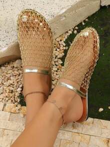 Breezelady Women's Gold Metallic Mesh Net Flat Sandals – Crafted With A Striking Open-Work Metallic Mesh Net Upper And A Sleek Square-Toe Design, These Flat Sandals Feature A Metallic Ankle Strap For A Secure Fit. The Lightweight, Breathable Design Makes Them Ideal For Summer Parties, Beach Getaways, Or Night-Outs. Pair With Flowy Dresses, Linen Pants, Or Swim Cover-Ups For A Glamorous, Eye-Catching Look. - Vàng - Xem 2