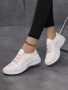 女士透气针织休闲平底一脚蹬鞋，轻便舒适，浅粉色 - 淺粉色 - 查看 2