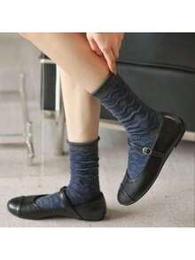 5双装女士藏蓝色复古中筒袜，经典休闲款式，适合秋冬季日常穿着 - 彩色 - 查看 8