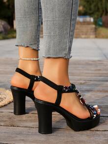 1双新款时尚女士高跟凉鞋，带串珠粗跟，适合派对和宴会穿着 - 黑色 - 查看 5