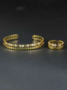 Retro Chic Dual-Tone Electroplated Cubic Zirconia Striped Bracelet & Ring Set, Suitable For Women's Daily Wear - Gold - View 3