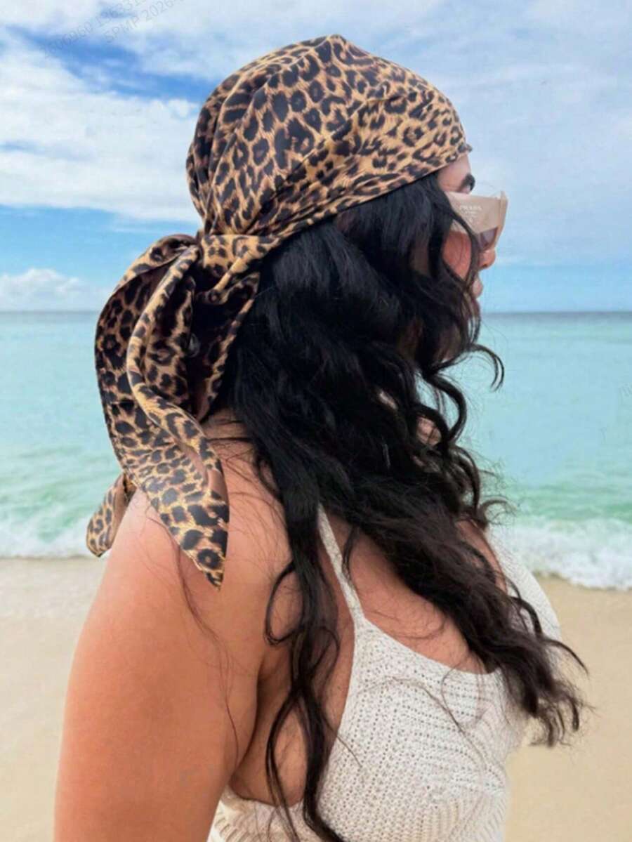 1pc Women's Fashion 90cm Square Scarf, Spring/Summer Bandana With Leopard Print & Chain Pattern, Satin Headscarf - Coffee - View 1