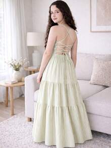 Beautiful Long Elegant Teen Girl Dress For Parties, Modern Casual Summer Stylish, Adjustable Youthful - Sọc xanh - Xem 4
