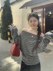 Áo lót nữ mùa xuân/hè mới, chất liệu co giãn, mềm mại, trễ vai, kẻ sọc, kiểu dáng suông, xếp ly eo, dáng ôm thoải mái. - Xám - Xem 11