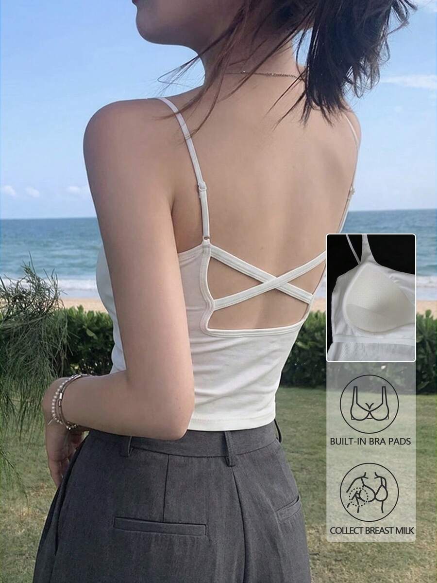 女士新款夏季白色吊带背心，内置衬垫文胸，一体式时尚露背设计，可外穿或内搭，无需额外文胸，休闲百搭。 - 白色 - 查看 1
