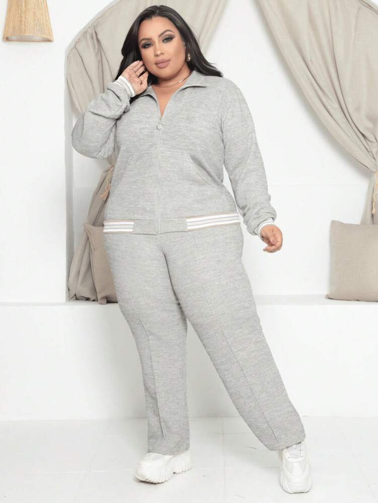 Women's Plus Size River Knit Set - Elegant And Comfortable Zipper - Home & Vacation - Xám - Xem 3