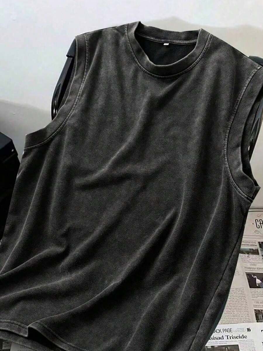 Men's Printed Vintage Washed Vest, Loose Fit, Casual Street Style, An Essential Everyday Item - màu đen - Xem 1