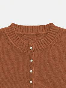 Round Neck Solid Color Pearl Button Short Sleeve Casual Versatile Knit Cardigan, Loose Fit, Suitable For Everyday Wear - Reddish Brown - View 8