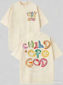 (230g T-Shirt)Men's Distressed Cotton "Child Of God" Colorful Graffiti Graphic Tee, Loose Casual Crewneck Short Sleeve T-Shirt, Retro Fun Religious Top, Comfortable All - Season WearNew Stylish T-Shirt - 杏色 - 查看 3