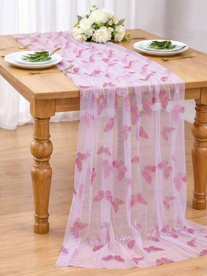 1件紫色蝴蝶网纱桌旗，派对桌布，厨房餐桌旗，生日装饰，生日桌旗，生日派对用品，婚礼装饰，婚礼桌布，新娘送礼会，桌布，婴儿派对装饰，宴会装饰，婚礼拱门布，蝴蝶装饰