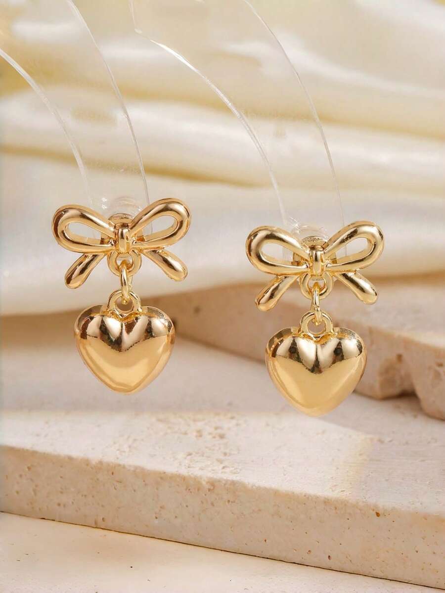 1 Đôi bông tai hình trái tim thắt nơ bằng kim loại vàng thanh lịch, thích hợp cho phụ nữ đeo hàng ngày và dự tiệc. - Nhiều màu - Xem 1