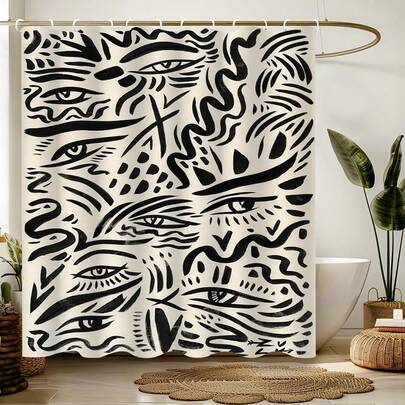 1件装抽象线条浴帘，现代简约曲线印花浴帘，适用于各种房间门、窗户、浴室装饰隔断、浴室配件