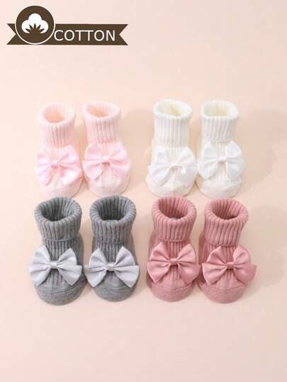4 Pairs Baby Girls' Cotton Bowknot Decor Non-Slip Mid-Calf Socks, Suitable For Toddlers Indoor Wear On Floors, All Seasons