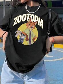 Disney Womens Black Cotton Blend Casual Short Sleeve Zootopia Character Print Round Neck T-Shirt, Men's Sizes Suitable For The Whole Family - màu đen - Xem 1