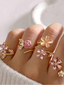 4pcs Romantic Pink Oil Drop Rose Flower Rings, Faux Pearl & Rhinestone 5-Petal Flower Ring Set For Women - Gold - View 1