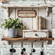 [2DFlat] Vintage Distressed Wooden Key Holder With 4 Metal Hooks, 1 Piece, Multifunctional Wooden Home Key Rack, Wall Decor, Entryway Decor, Room Decor, Villa Decor, Year-Round Home Decor - Multicolor - View 2