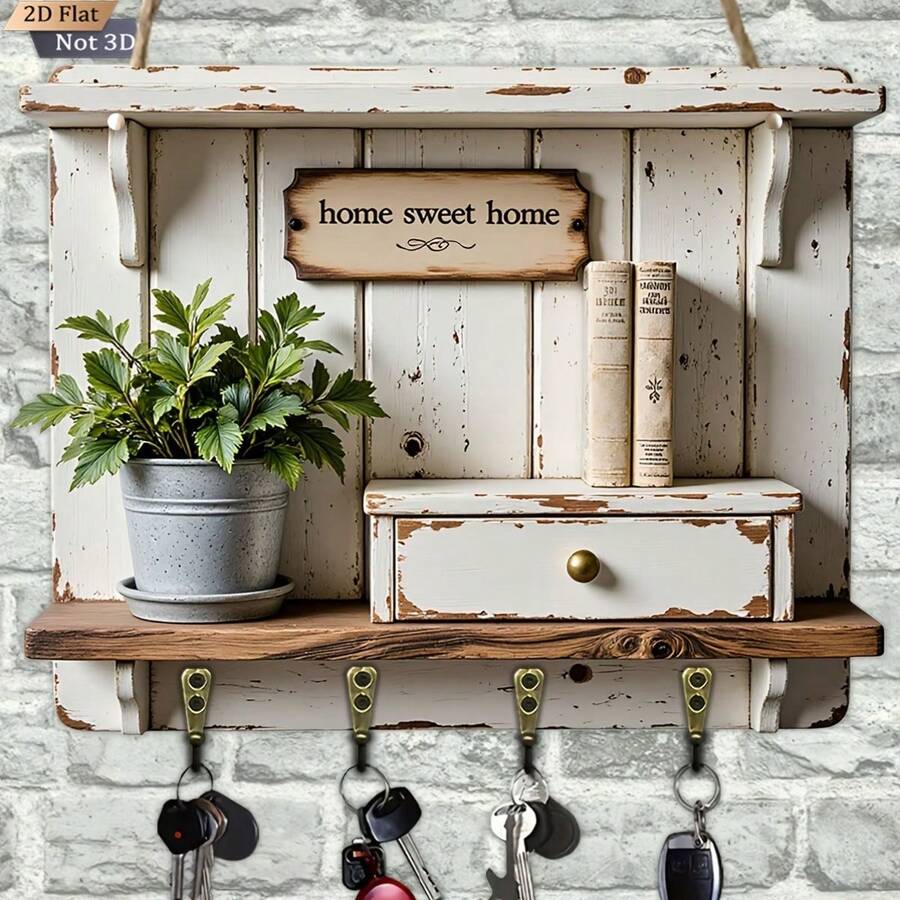 [2DFlat] Vintage Distressed Wooden Key Holder With 4 Metal Hooks, 1 Piece, Multifunctional Wooden Home Key Rack, Wall Decor, Entryway Decor, Room Decor, Villa Decor, Year-Round Home Decor