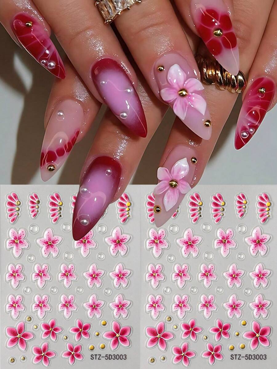2 miếng dán móng tay hình cánh hoa dâm bụt hồng mùa xuân, hình hoa lan tiên nở rộ 5D dập nổi, họa tiết bong bóng mềm mại, hạt vàng, kiểu móng Pháp, phụ kiện trang trí móng tay mùa hè, đám cưới, trang trí móng tay nổi bật. - Nhiều màu - Xem 1