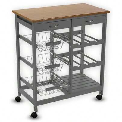Kitchen Trolley MDF Top Sland Dining Cart Worktop Basket Storage Lockable Wheels Rolling Kitchen Portable Island Kitchen Trolley With Drawers And Open Shelf