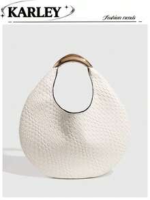 极简编织手提包，女士白色时尚托特包，新款钱包，时尚女士包，新月形包 - 白色 - 查看 5