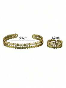 Retro Chic Dual-Tone Electroplated Cubic Zirconia Striped Bracelet & Ring Set, Suitable For Women's Daily Wear - Gold - View 4