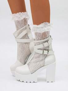 [Phong cách cô gái ngọt ngào & cá tính] Giày bốt cổ ngắn đế xuồng lưới trắng, sandal đế xuồng dày có khóa đôi chống thấm nước, giày cao gót lưới thoáng khí mùa hè, bốt cổ ngắn ôm dáng có khóa kéo phía sau, bốt nữ đa năng phong cách punk cá tính - trắng - Xem 4