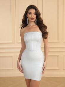 Love Aing 女士银色无袖连衣裙，夏季派对装扮，婚礼宾客礼服，鸡尾酒会礼服，奢华正式晚礼服，假日约会装，无肩带设计，银色压纹，迷你裙长，优雅连衣裙 - 銀色 - 查看 7