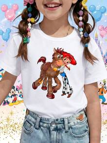 Disney DIS Pixar Toy Story Jessie Hugging Bullseye Best Friends Printed Pattern T-Shirts For Girls - Children's Clothing Design Short-Sleeved Casual And Cute Style Comfortable And Casual Wear All Year Round Suitable For Parties And Play Machine Washable Gift Children's Clothing Girls' Short-Sleeved Shirts - 白色 - 查看 1