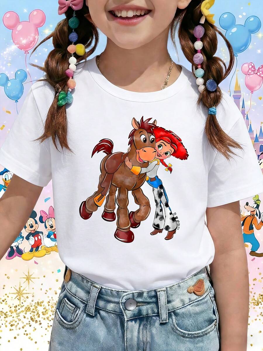 Disney DIS Pixar Toy Story Jessie Hugging Bullseye Best Friends Printed Pattern T-Shirts For Girls - Children's Clothing Design Short-Sleeved Casual And Cute Style Comfortable And Casual Wear All Year Round Suitable For Parties And Play Machine Washable Gift Children's Clothing Girls' Short-Sleeved Shirts - 白色 - 查看 1