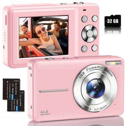 Nicamery מצלמה דיגיטלית 44MP 1080P, זום 16X, כרטיס זיכרון 32GB, 2 סוללות, מצלמת נסיעות קומפקטית מתאימה לצילום, צילום דיגיטלי, מתנה לבני נוער ומבוגרים