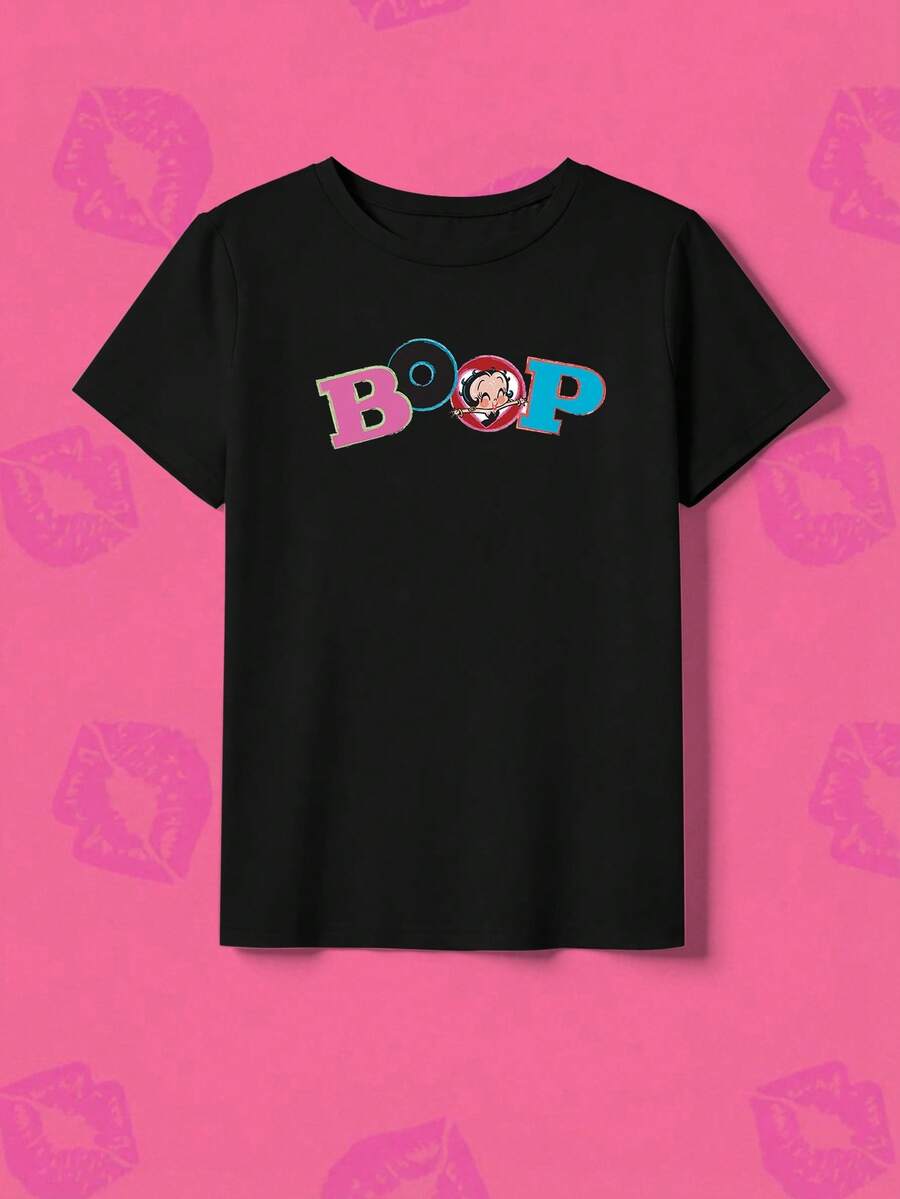 Whysmera SHEIN X Betty Boop 这款女式T恤，展现了合作设计的时尚可爱风格，是夏季衣橱的必备单品。 - 黑色 - 查看 1