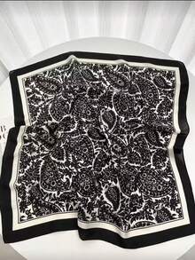 1pc 26.77 Inch Faux Silk Printed Square Scarf 68cm, Women Fashion Breathable Multifunctional Headband Neckerchief Accessory - Black - View 2