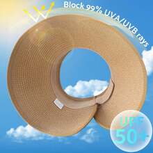 Women's Sun Hat Wide Brim Roll-Up Beach Ponytail Hat Foldable Travel Straw Sun Hat - 黑色 - 查看 2