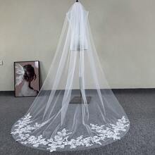 1pc Floral Print Tulle Wedding Veil, Long Cathedral Length Soft Tulle Metal Comb Bridal Headpiece, Autumn Bridal Accessories For Women - Multicolor - View 6