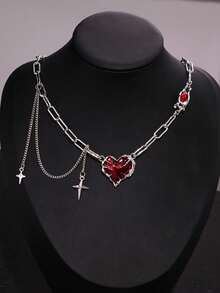 1件嘻哈风红色爱心吊坠项链，男士圣诞节、新年、情人节节日礼物 - 銀色 - 查看 2